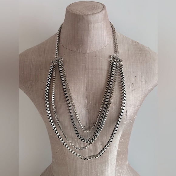 Silver Tone Large Box Chain‎ Metal Multi Strand Necklace Set with Earrings - Picture 1 of 4